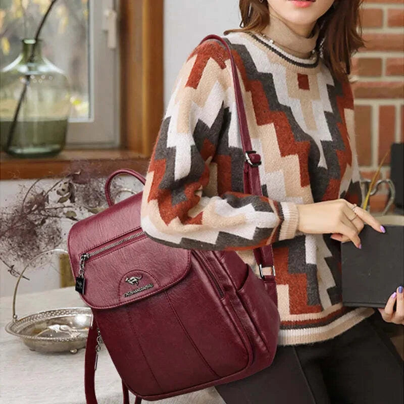 Women Backpack Soft Leather Vintage Shoulder Bag Casual Travel Ladies Female Bag flower